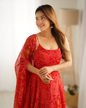 Soft Lightweight Chiffon Bandhej Embroidered Gown Set – Red