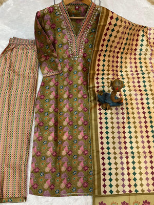 Zarna Silk Embroidered Straight Kurti Set – Olive Green