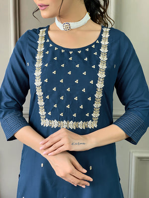 Rayon Slub Embroidered Kurta Pant Dupatta Set – Petrol Blue