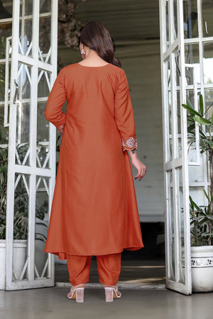 Soft Rayon Slub Embroidered Kurta Pant Dupatta Set – Orange