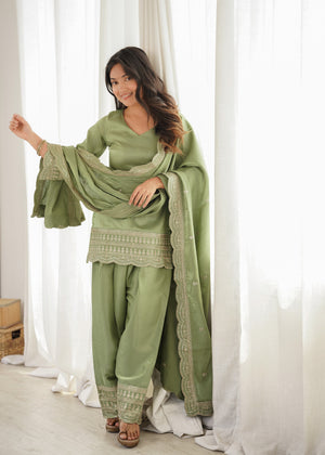 Glass Roman Silk Embroidered Farshi Salwar Set – Sage Green
