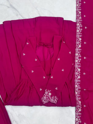Roman Shimmer Silk Embroidered Anarkali Set – Rani Pink