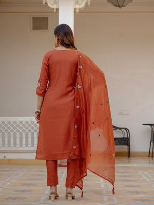 Pure Viscose Mango Silk Embroidered Straight Kurti Set – Rust
