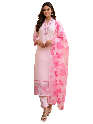 Chanderi Printed Kurta Pant Dupatta Set – Pink