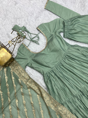 Roman Chanderi Silk Embroidered Anarkali Set – Sea Green