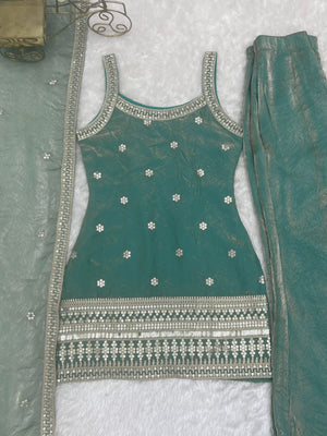 Frendy Silk Embroidered Bell Bottom Set – Sea Green
