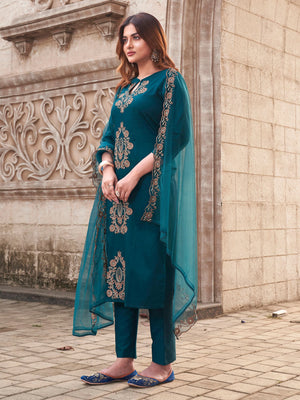Rayon Slub Embroidered Kurta Pant Dupatta Set – Rama Green