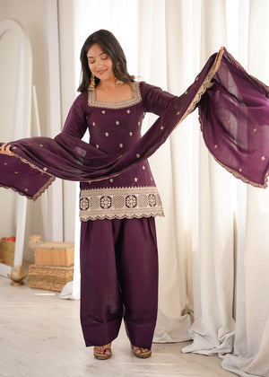 Glass Roman Silk Embroidered Kurta-Farshi Set – Purple