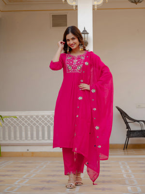Pure Viscose Mango Silk Embroidered Straight Kurti Set – Pink