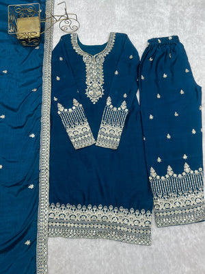 Chinon Silk Embroidered Straight Kurta Set – Navy Blue