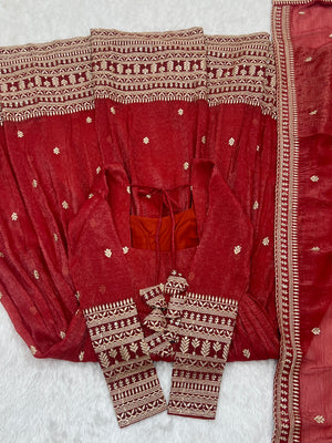 Crunchy Silk Embroidered Gown Set – Rust