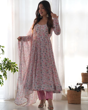 Heavy Orange Chiffon Floral Print Printed Anarkali Set – White Pink