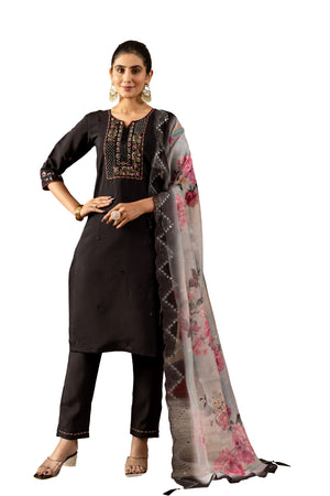 Roman Silk Embroidered Straight Kurti Set – Black
