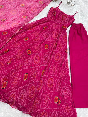 Soft Lightweight Chiffon Bandhej Embroidered Gown Set – Pink