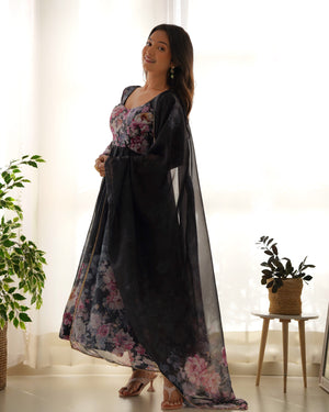 Organza Silk Printed Anarkali Set – Black