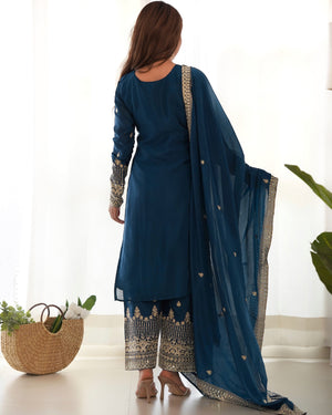 Chinon Silk Embroidered Straight Kurta Set – Navy Blue