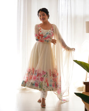 Organza Silk Printed Anarkali Set – Cream