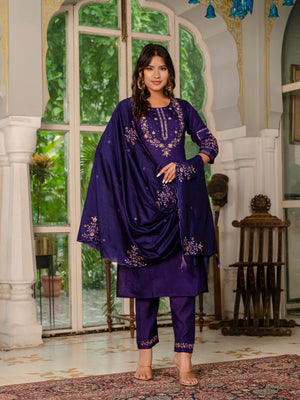 Marina Silk Embroidered Straight Kurti Set – Violet