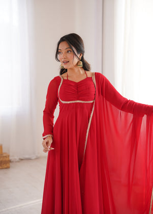 Georgette Embroidered Gown Set – Red