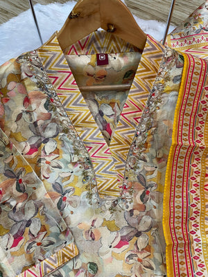 Zarna Silk Embroidered Straight Kurti Set – Ivory Yellow