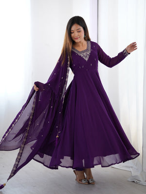 Georgette Embroidered Anarkali Set – Purple