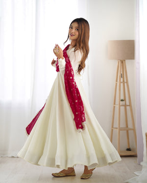 Vichitra Silk Designer Anarkali Set – Ivory & Rani Pink