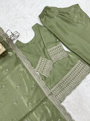 Glass Roman Silk Embroidered Farshi Salwar Set – Sage Green