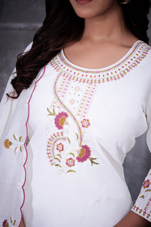 Roman Silk Embroidered Straight Kurti Set – White