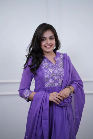Cotton Embroidered Kurta Pant Dupatta Set – Purple