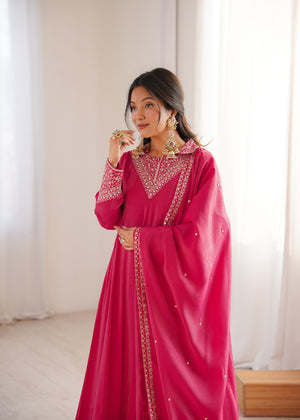 Roman Shimmer Silk Embroidered Anarkali Set – Rani Pink