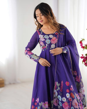 Organza Silk Printed Anarkali Set – Purple