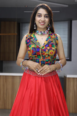 Navratri Red Rayon Cotton Lehenga Set