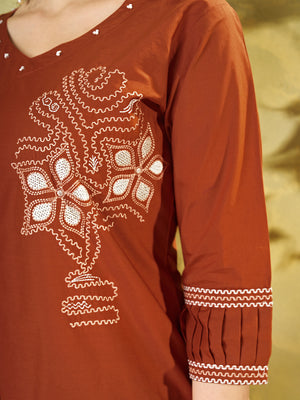 Pure Cotton Embroidered Co-Ords Set – Rust