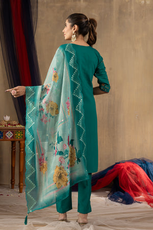 Roman Silk Embroidered Straight Kurti Set – Rama Green