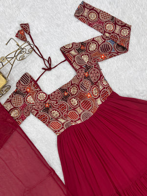 Georgette Embroidered Anarkali Set – Wine