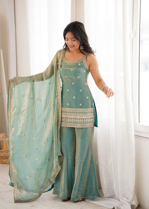 Frendy Silk Embroidered Bell Bottom Set – Sea Green