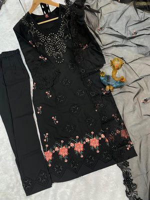 Heavy Viscose Roman Embroidered Straight Kurti Set – Black