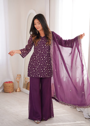 Crunchy Silk Embroidered Bell Bottom Set – Wine
