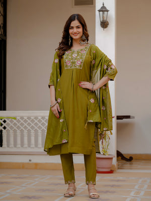 Pure Viscose Mango Silk Embroidered Straight Kurti Set – Mahendi Green