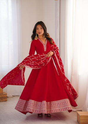 Vichitra Silk Embroidered Gown Set – Red