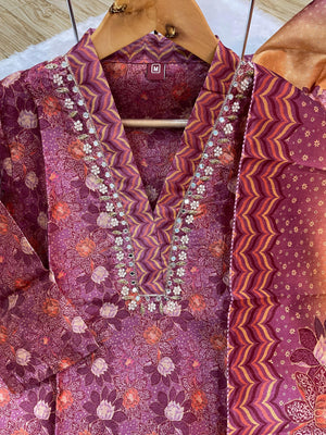 Zarna Silk Embroidered Straight Kurti Set – Wine Purple