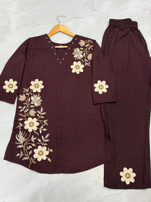 Heavy Rayon Embroidered Co-Ords Set – Wine