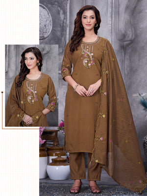 Roman Silk Embroidered Straight Kurti Set – Brown