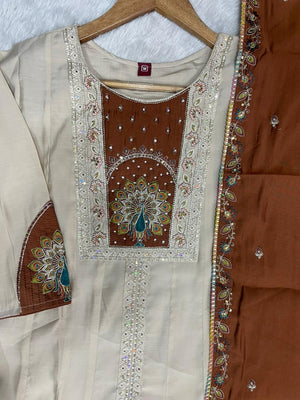 Roman Silk Embroidered Anarkali Kurti Set – Cream