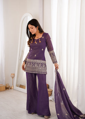 Crunchy Silk Embroidered Bell Bottom Set – Purple