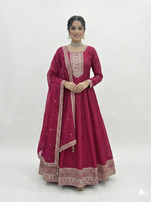 Vichitra Silk Embroidered Gown Set – Dark Pink