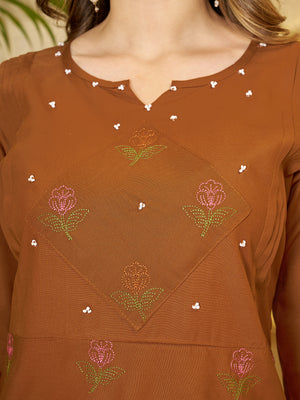 Heavy Rayon Embroidered Co-Ords Set – Coffee