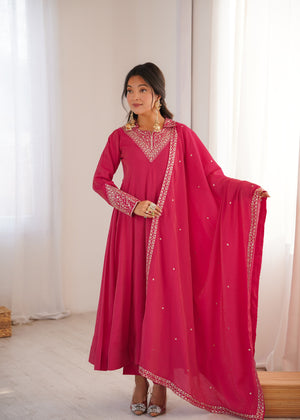 Roman Shimmer Silk Embroidered Anarkali Set – Rani Pink