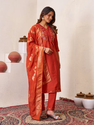 Roman Silk Embroidered Straight Kurti Set – Rust