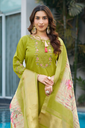 Viscose Silk Embroidered Straight Kurti Set – Parrot Green